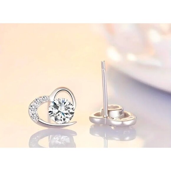 Sterling Silver Heart Stud Earrings With Sparkling Cubic‎ Zirconia NEW in a box - Picture 2 of 6